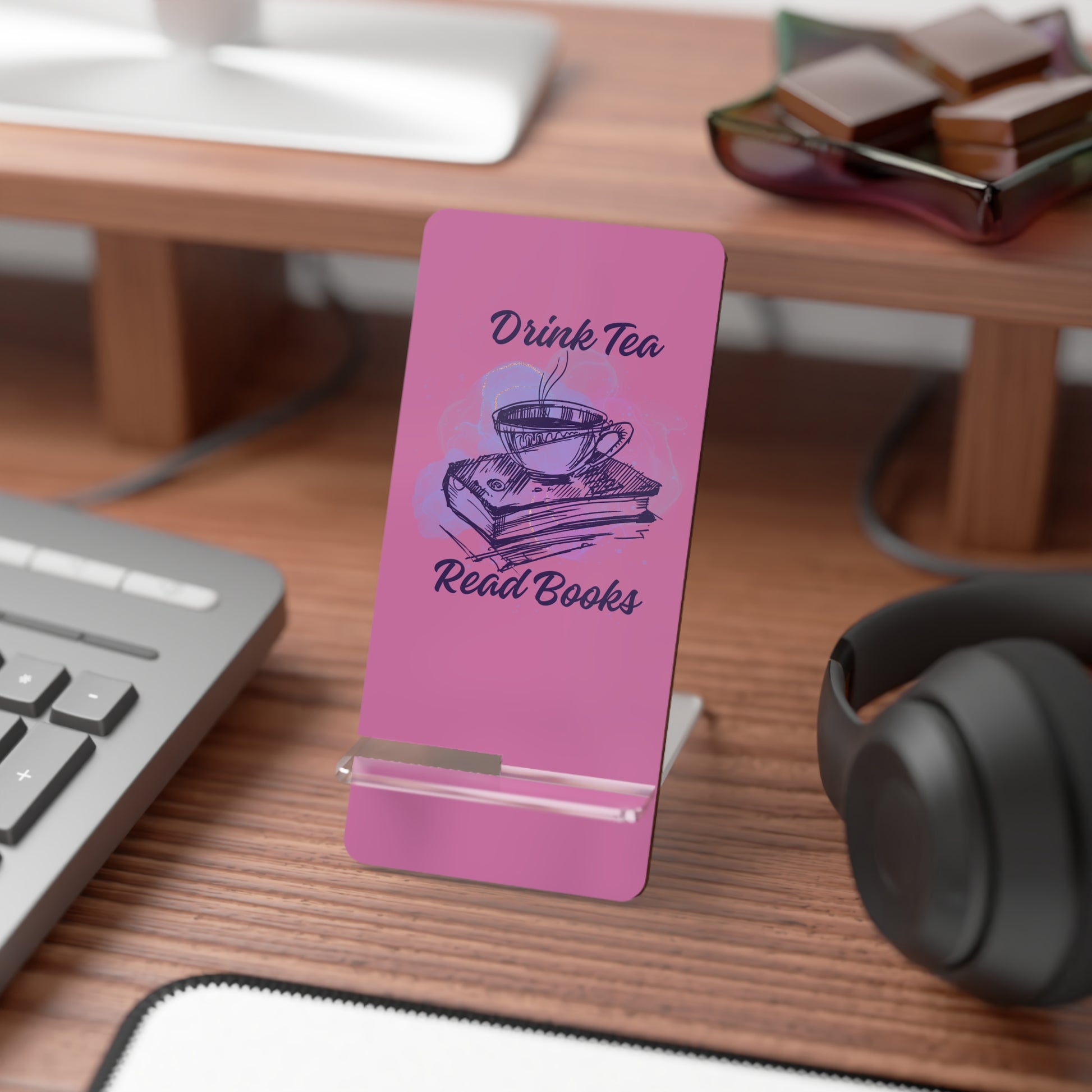 Tea Lovers' Mobile Display Stand | Cute Phone Holder for Reading, Work, Desk Decor, Gift, Cozy Atmosphere, Book Lover's Accessories