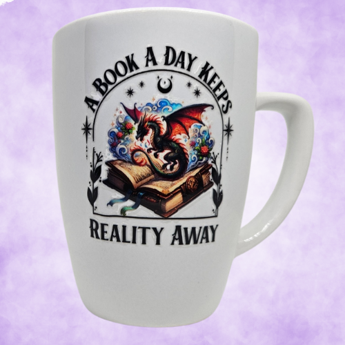 A Book a Day Keeps Reality Away Ceramic Mug with Dragon and book